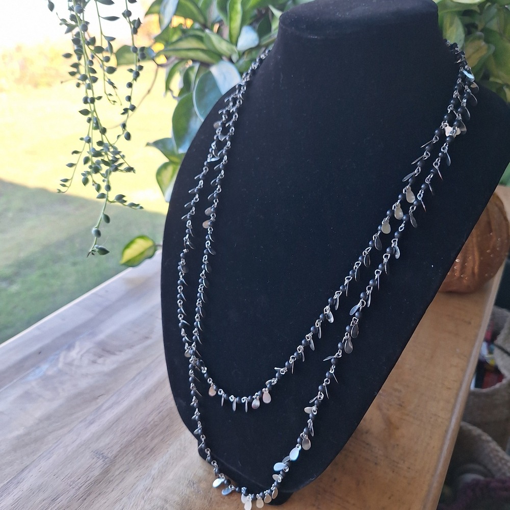 Long Double Layer Silver Tone Black Beaded Dangle Charm Necklace 58 in‎ Choker